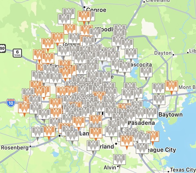 The gray Whataburger logos indicate which locations are closed due to a power outage, while the orange logos show locations that are open. - Screenshot / Whataburger App