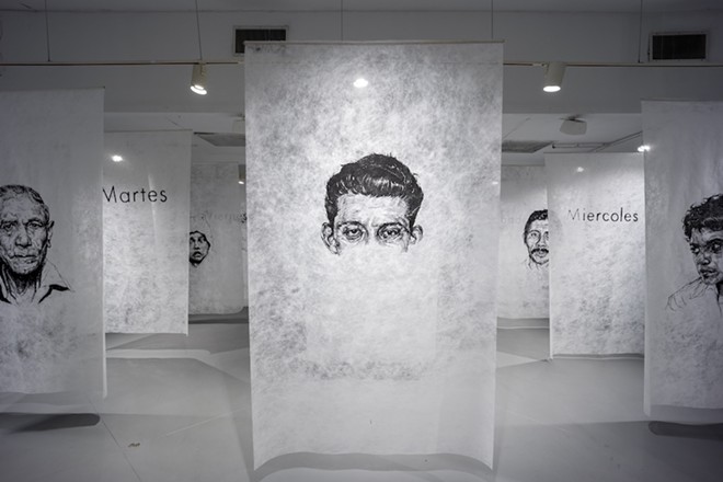 Vincent Valdez’s Siete Dias/Seven Days is a 2022 series comprised of silkscreened panels depicting individuals who vanished in Central and South America and seven spelling out the days of the week in Spanish. - Courtesy Photo / Art League Houston