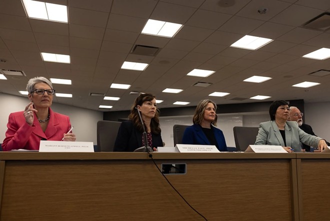 The Texas State Board of Examiners of Psychologists holds a discussion with the Association of State & Provincial Psychology Boards regarding the Examination for Professional Practice in Psychology on Thursday, April 11, 2024, in Austin. Mariann Burnett-Atwell, PSY.D., Michelle Paul, PH.D., Jennifer Laforce, PH.D., Hao Song, PH.D., and Alex Siegel, J.D., PH.D. sat on the panel during the discussion. - Texas Tribune / Maria Crane