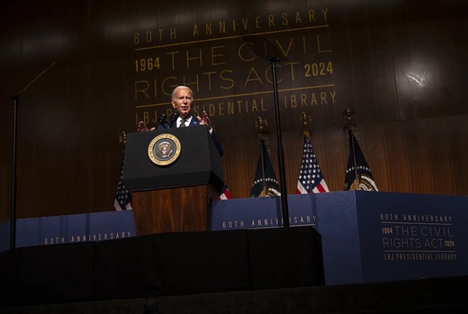 President Joe Biden delivers the keynote address during an event commemorating the 60th Anniversary of the Civil Rights Act at the Lyndon B. Johnson Presidential Library Monday, July 29, 2024, in Austin. - Texas Tribune / Eli Hartman