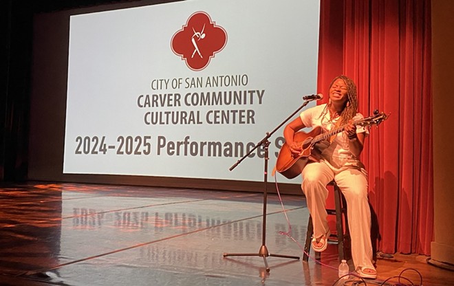 San Antonio singer-songwriter Carbonlily, one of the performers appearing in the Carver's 2024-2025 season performs at an event unveiling the lineup. - Sanford Nowlin