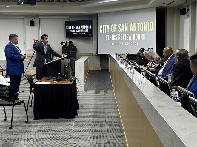 Councilmen Marc Whyte and Manny Pelaez testify at the Ethics Review Board meeting on Wednesday. - Michael Karlis