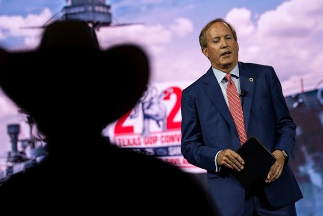 Texas Attorney General Ken Paxton speaks during the Texas GOP convention in May. His office has targeted a Houston immigrant rights group, asking a judge to shut it down over political speech. - Texas Tribune / Eli Hartman