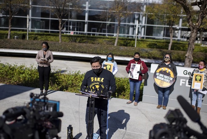 Cesar Espinosa, executive director of FIEL Houston, speaks during a 2021 press conference about an eviction aid fair outside of the George Thomas “Mickey” Leland Federal Building in Houston. - Texas Tribune / Mark Felix