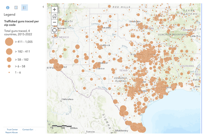 Map of firearms trafficked and recovered in Mexico, Guatemala, El Salvador and Honduras from 2015 through 2022, and traced to a U.S. purchase. An interactive version o this map can be viewed online. - John Linday-Poland