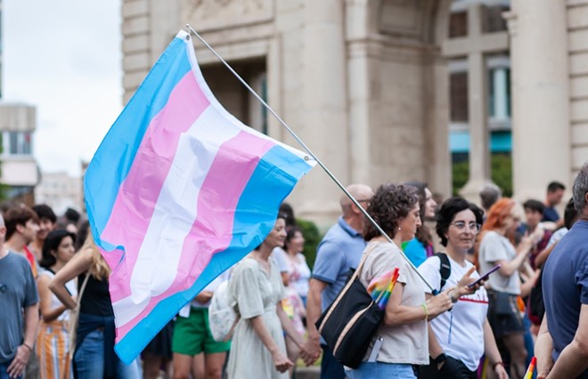 A marcher carries a flag representing transgender rights during a protest. - Shutterstock / algobonito98