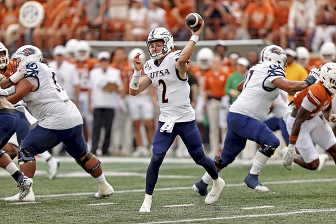 UTSA quarterback Owen McCown throws a pass during the Roadrunners' loss to Texas on Saturday. - Antonio Morano/UTSA Athletics