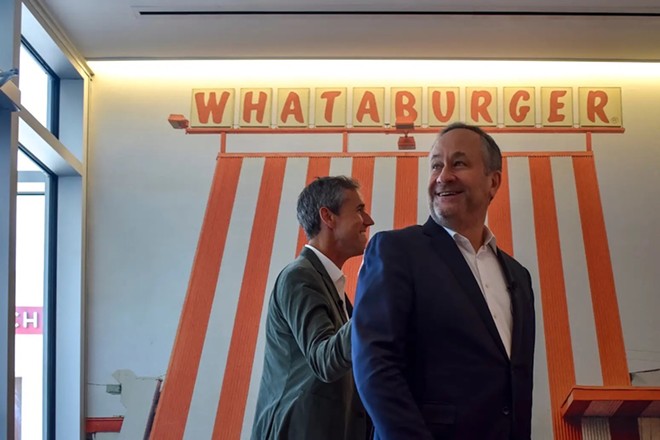 Second gentleman Doug Emhoff, right, and former El Paso congressman Beto O’Rourke visit a Whataburger after a fundraising event Tuesday in Austin. - Texas Tribune / Jasper Scherer