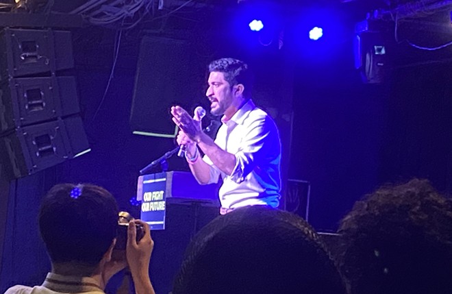 U.S. Rep. Greg Casar addresses the San Antonio crowd. - Sanford Nowlin