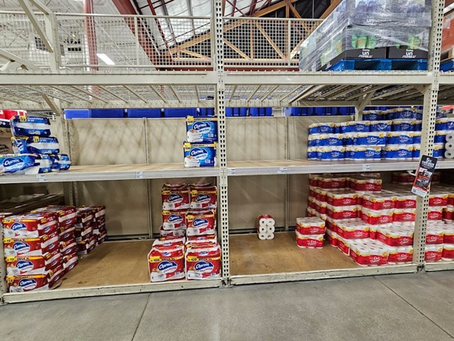 X user @AnarchoDarling posted photos of barren shelves in the toilet paper aisle at the H-E-B at Bandera and Loop 1604 on Tuesday. - X / AnarchoDarling