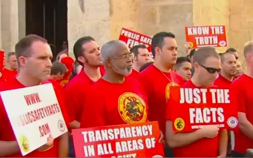 SAPFA members protest outside of City Hall in October. - News4SA video screenshot