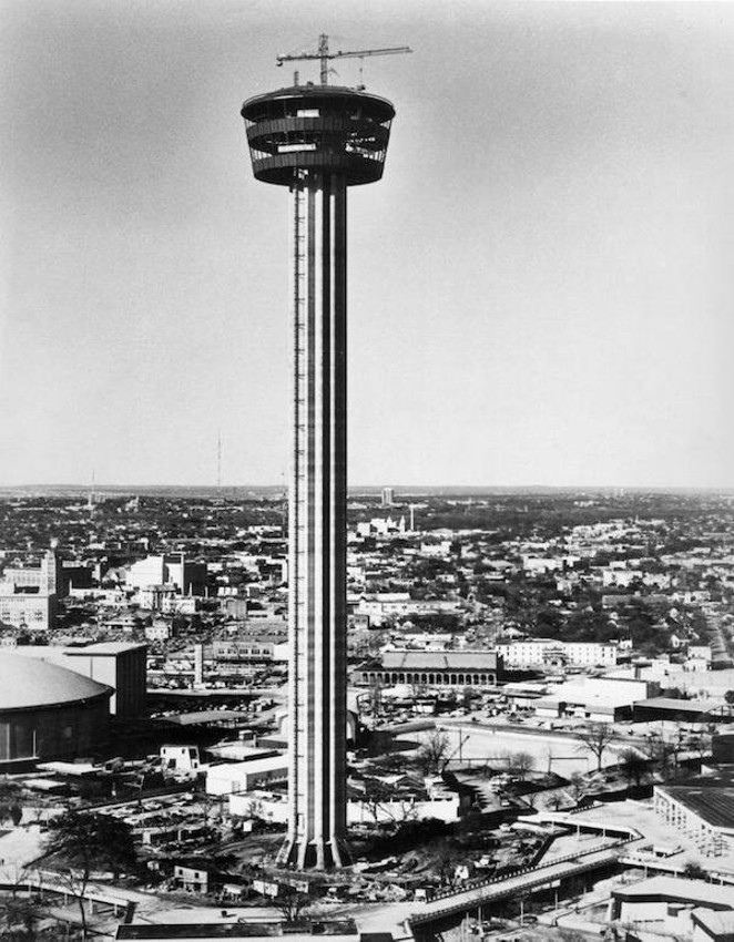 1967, Tower of the America's, HemisFair '68. After the main shaft of the tower was completed they started on the "top house" that would contain the Tower Restaurant and the observation deck.
