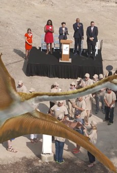 A planned "flash mob" formed a scale replica of "Quetzy," a Quetzacoatlus northropi — the largest known flying animal — at a press conference Tuesday where the Witte Museum unveiled plans for its new entrance, which will feature the dinosaur.