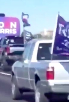 Video shared by this Twitter user shows Trump supporters harassing a Biden tour bus along a stretch of I-35 near San Marcos.