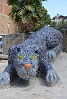 Yanaguana, a Payaya Indian Village on the San Antonio River, was created after a blue panther chased a water bird out of a blue hole creating life. This mosaic sculpture represents that story at the Hemisfair Park Yanaguana Garden.