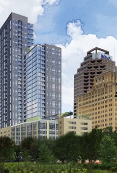This drawing shows Weston Urban’s proposed 32-story tower at 305 Soledad St. from Weston Houston Street. Courtesy Weston Urban