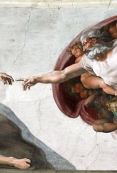 The Creation of Adam is among the Sistine Chapel frescoes recreated in the traveling exhibition.