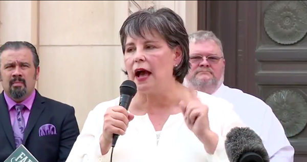 Cynthia Brehm, who was voted out Tuesday as Bexar County Republican Party chairwoman, speaks at a press conference where she said the COVID-19 was a Democratic hoax. - TWITTER VIDEO CAPTURE / @BUBBAPROG
