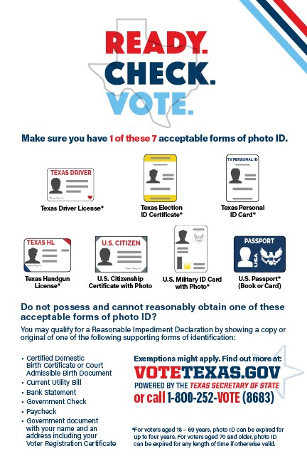 A graphic summarizing the required identification for voting in-person in Texas. - TEXAS SECRETARY OF STATE