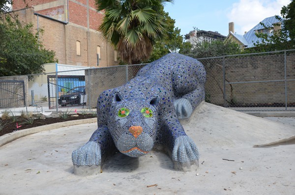 Yanaguana, a Payaya Indian Village on the San Antonio River, was created after a blue panther chased a water bird out of a blue hole creating life. This mosaic sculpture represents that story at the Hemisfair Park Yanaguana Garden. - BRYAN RINDFUSS