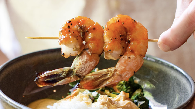 Biga's new Traveling Taste Buds menu features red curry gulf shrimp with jasmine rice.