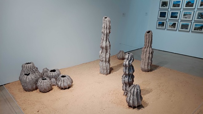 In La Linea Imaginaria, Karla Michell García presents a series of ceramic sculptures resembling cacti.