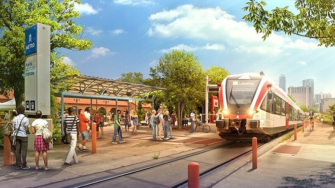 This artist’s rendering from the original Lone Star Rail District envisions what a train line between San Antonio and Austin might look like.