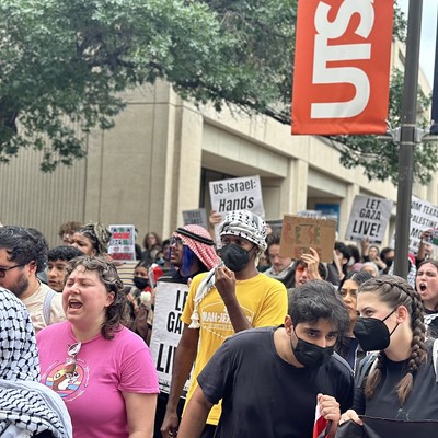 Around 150 protesters marched through UTSA's campus Wednesday to call for a ceasefire in the Israel-Hamas conflict.