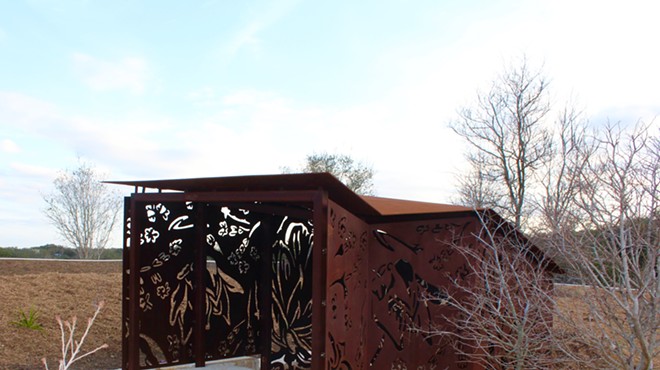 One of two steel wildlife blinds designed by artists Ashley Mireles and Cade Bradshaw for the Phil Hardberger Park land bridge.