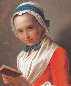 Young Woman with Bonnet and White Shawl, Holding a Book, Known as “The Virtuous Girl,” oil on canvas, by Pietro Antonio Rotari (1707–1762). Courtesy of Marei von Saher, heir to Jacques Goudstikker.